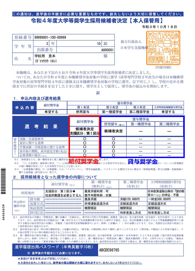 令和４年度大学等奨学生採用候補者決定通知（サンプル）