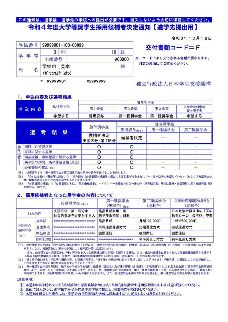 令和4年度大学等奨学生採用候補者決定通知【見本】