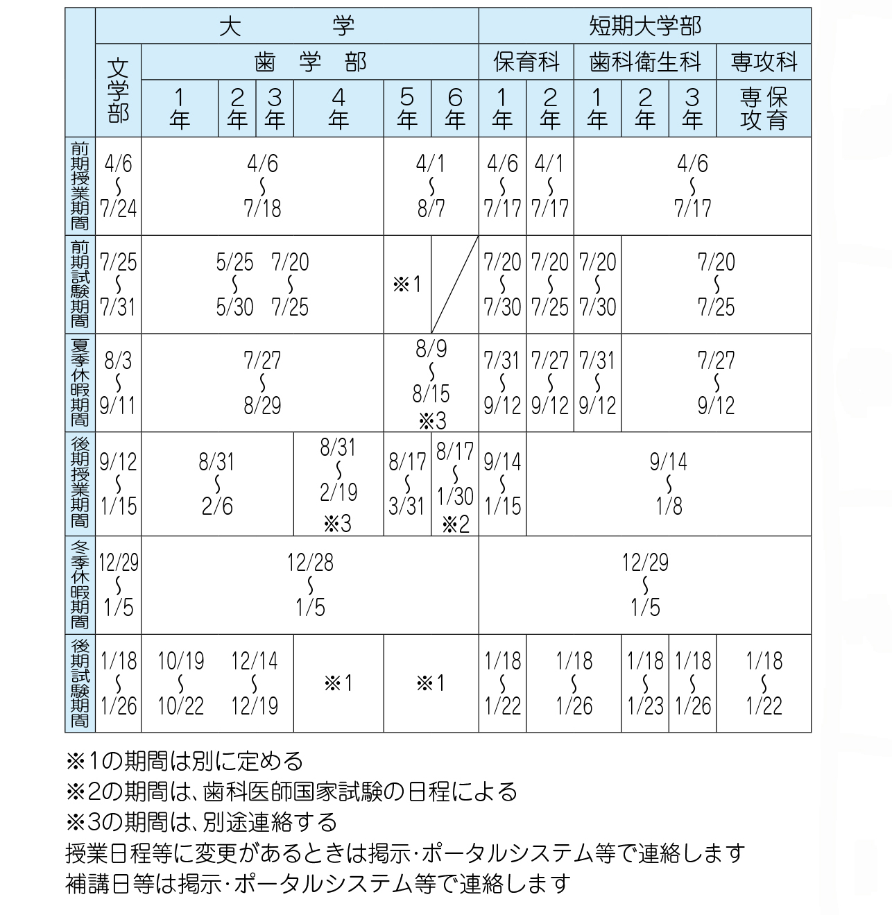 令和8（2026）年度学年暦（試験等）